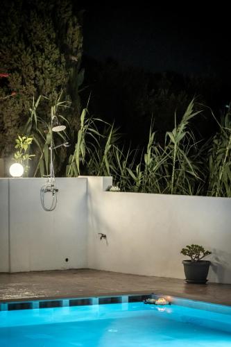 a swimming pool at night with a fence and a plant at Petros Giatras - Rooms in Zakynthos Town