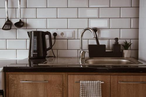 a kitchen counter with a sink and a coffee maker at Pablo Apartment in Cesis in Cēsis