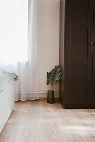 a room with a door and a potted plant at Pablo Apartment in Cesis in Cēsis