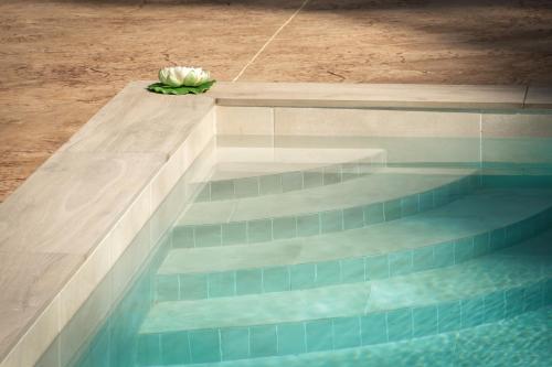 a vase of flowers sitting on top of a pool at Petros Giatras - Rooms in Zakynthos Town