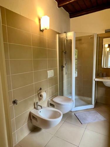 a bathroom with a toilet and a sink and a shower at Borgo del 1700- Le Scuderie- trilocale in Travedona