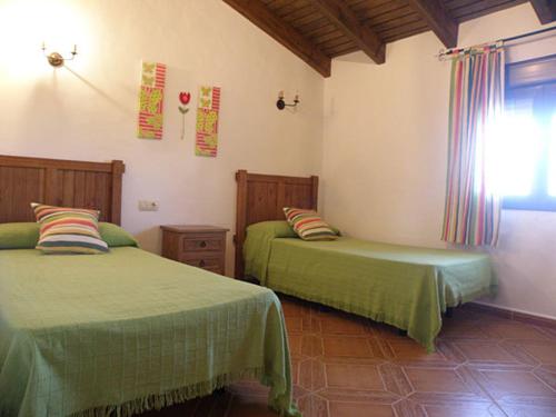 una camera con due letti con lenzuola verdi e una finestra di Casas Elena-Conil a Conil de la Frontera