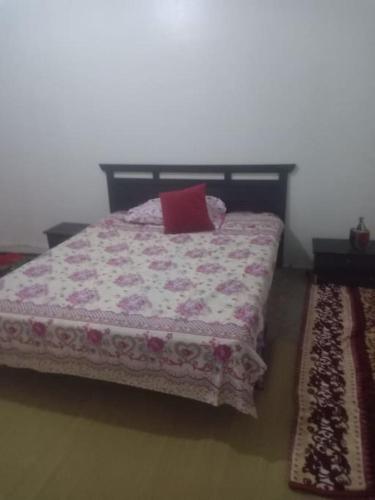 a bedroom with a bed with a red pillow on it at Chambre hostel Assif in Marrakech