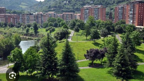 un parco con alberi, un fiume e degli edifici di Habitación 1 con vistas a Bilbao