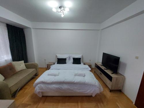 a bedroom with a bed and a couch and a television at Petreski Apartments 1 in Ohrid