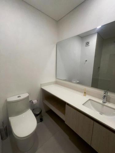 a bathroom with a toilet and a sink and a mirror at Suite con excelente vista al mar in Santa Marta