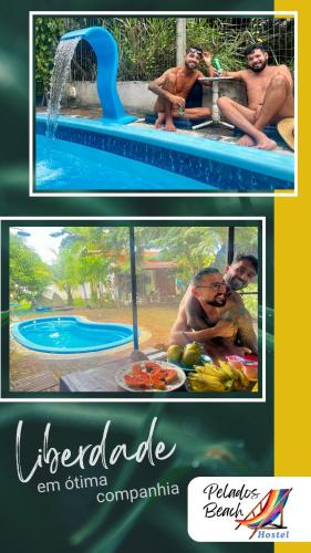 a collage of two pictures of a man in a swimming pool at Pelados Beach Hostel in Pipa