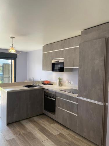 - une cuisine avec des placards en acier inoxydable et une cuisinière dans l'établissement T2 calme proche de la douane, à Ville-la-Grand