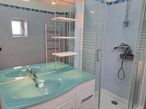 une salle de bain avec un lavabo et une douche dans l'établissement Stone House in Cléder near Sandy Beach, à Cléder