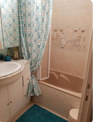 une salle de bain avec une baignoire, un lavabo et une douche dans l'établissement 3 Pieces ARENAS NICE OUEST, à Nice