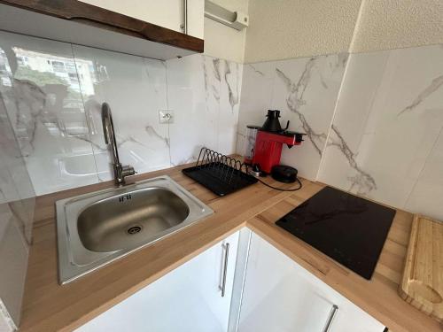une petite cuisine avec un évier et un comptoir dans l'établissement Studio Cabine 4 couchages, proche Seaquarium, plage et commerces, avec terrasse et barbecue, Le Grau-du-Roi - FR-1-250-289, au Grau-du-Roi
