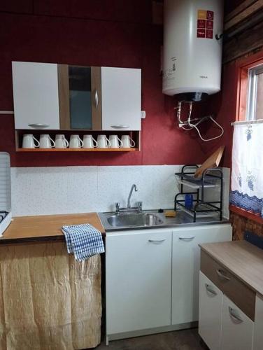 a kitchen with white cabinets and a sink at Cabaña Choroy dentro del pueblo, cercano a playas in Licán Ray