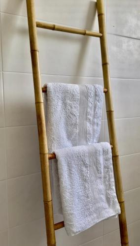 a bamboo towel rack with two white towels on it at Villa Pacifico avec spa in Baillif