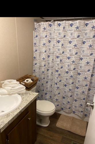 St. Helena IslandにあるBlucationのトイレとシャワーカーテン付きのバスルーム