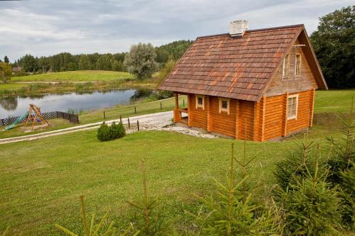 a wooden house on a field next to a lake at Partsilombi Holiday Home in Otepää