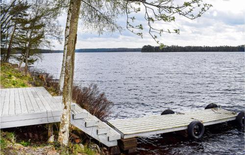 a dock on the side of a lake at Awesome Home In Hyltebruk With Sauna in Hyltebruk
