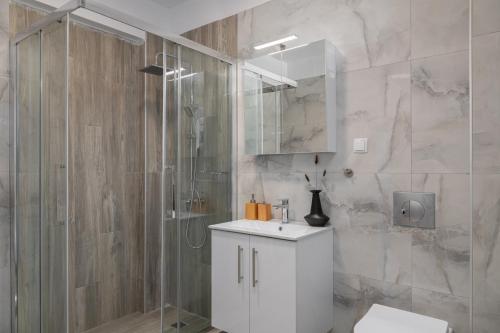 a bathroom with a shower and a sink and a toilet at Kleoniki Residential Complex in Ofrínion