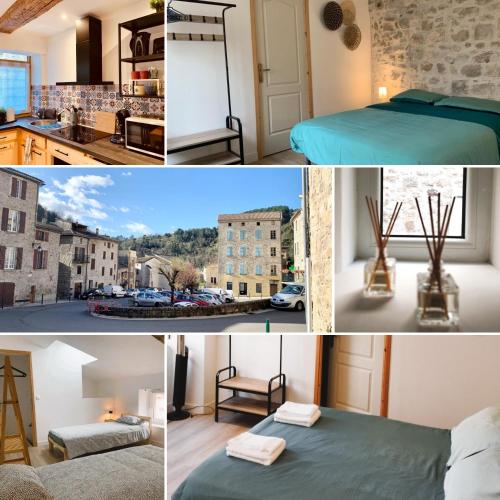 un collage de photos d'une chambre d'hôtel dans l'établissement Maison, Largentière LESCALEYEST, à Largentière