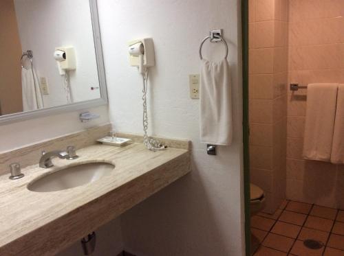 La salle de bains est pourvue d'un lavabo et d'un miroir. dans l'établissement Hotel Maya Palenque, à Palenque