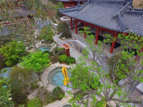 an overhead view of a garden with a swimming pool at Xian Huaqingyutang Hotel in Xi'an