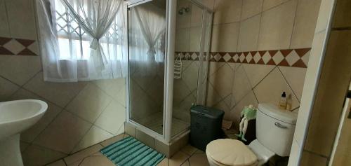 a bathroom with a shower and a toilet and a sink at Sea Breeze West in Margate