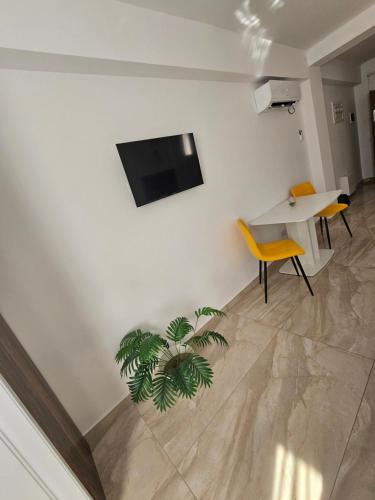 a living room with a table and a tv on a wall at DIDI Apartament in Craiova
