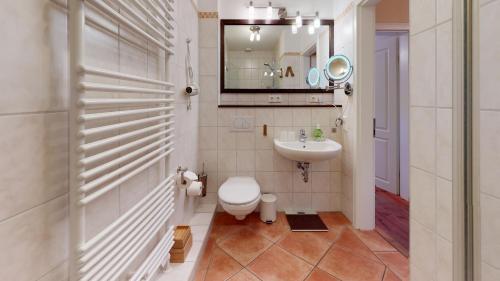 a bathroom with a toilet and a sink and a mirror at Haus Sansibär in Wenningstedt