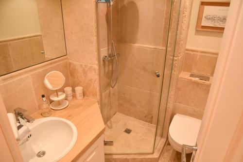 a bathroom with a shower and a sink and a toilet at Westerhuk App 3 in Keitum