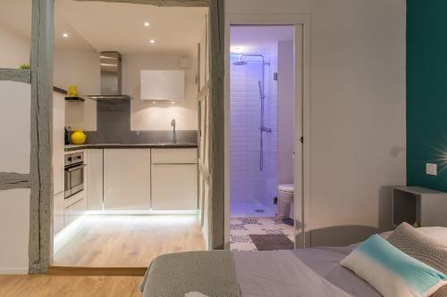 uma cozinha e casa de banho com uma cama e um chuveiro em Grand studio Colmar Centre em Colmar
