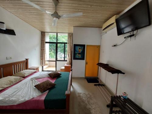 a bedroom with a bed and a flat screen tv at Lake Wave Hotel in Anuradhapura