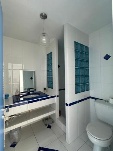 une salle de bain avec toilettes, lavabo et miroir dans l'établissement Roof top piscine chauffée 7 pers wifi, à La Teste-de-Buch