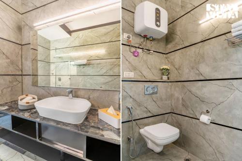 two pictures of a bathroom with a sink and a toilet at StayVista at The Cityscape with Lawn & Pool in New Delhi