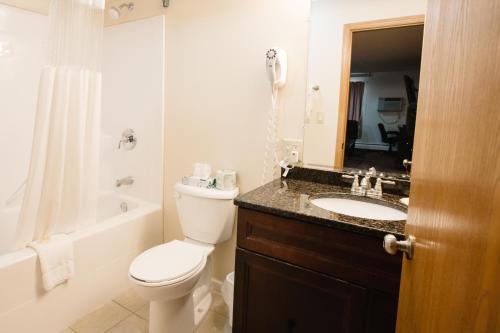 a bathroom with a toilet and a sink and a shower at Days Inn by Wyndham Minot in Minot