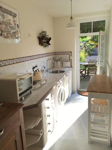 une cuisine avec un évier et un micro-ondes sur un comptoir dans l'établissement Le gîte de Camille, à Saint-Hilaire-de-Talmont