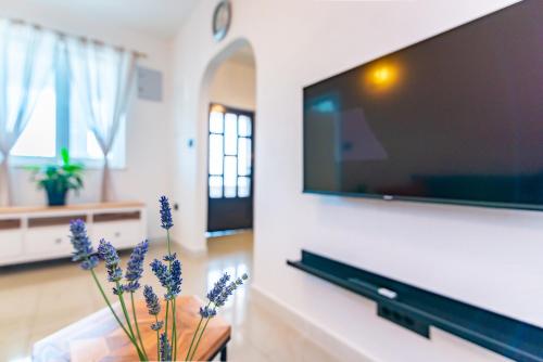 a living room with a tv and a vase with purple flowers at Villa Zita Lovran in Opric