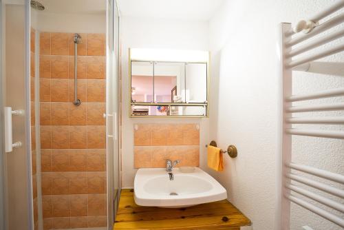 une salle de bain avec un lavabo et un miroir dans l'établissement Les Patios de la mer - Maison climatisée St-Cyprien, à Saint-Cyprien