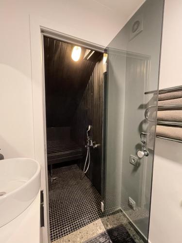 a bathroom with a walk in shower and a toilet at Malūno vilos in Palanga