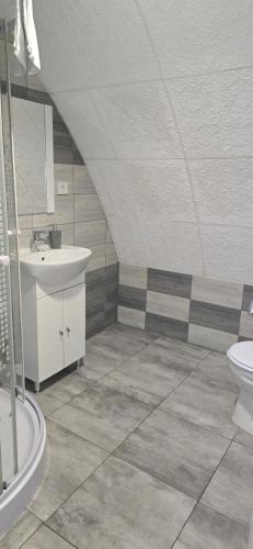 a bathroom with a sink and a toilet at Hotel Hobby in Hunedoara