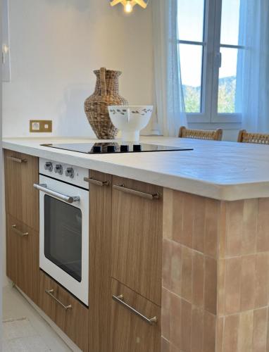 une cuisine avec une cuisinière et un comptoir dans l'établissement Appartement Bastide Le Moulin, à Grimaud