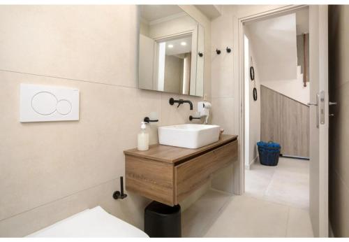 a bathroom with a sink and a mirror at Villa Zografia in Alikanas