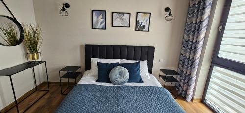 a bedroom with a bed with blue pillows at Arkady House in Olsztynek