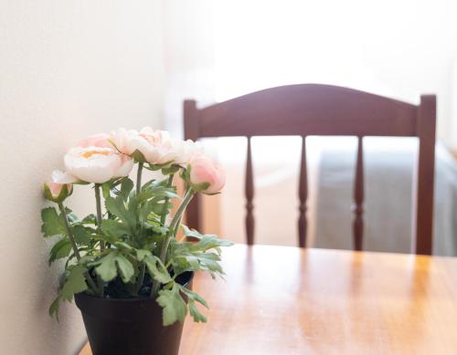 a vase with pink flowers sitting on a table at Pensión A Codeseira Melide in Melide
