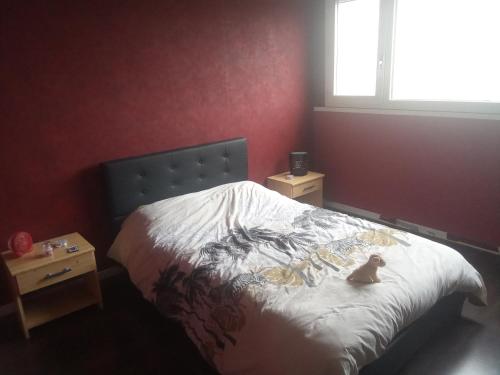 une chambre avec un lit sur lequel est assis un chat dans l'établissement Appartement bien situé, à Bourg-en-Bresse