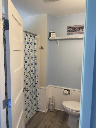 a bathroom with a toilet and a shower at The Shores in Williamsburg