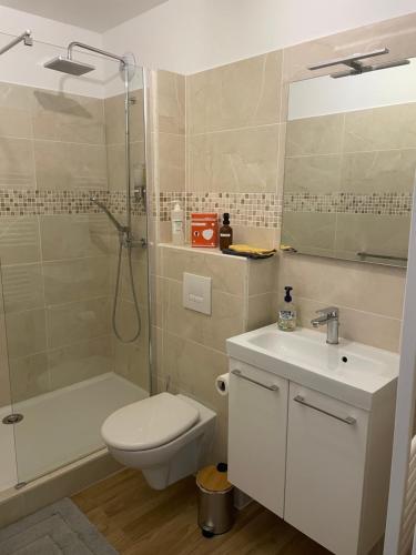 une salle de bain avec toilettes, lavabo et douche dans l'établissement Paris Disneyland appartement centre-ville, parking, au coeur de l'aviron, à Vaires-sur-Marne