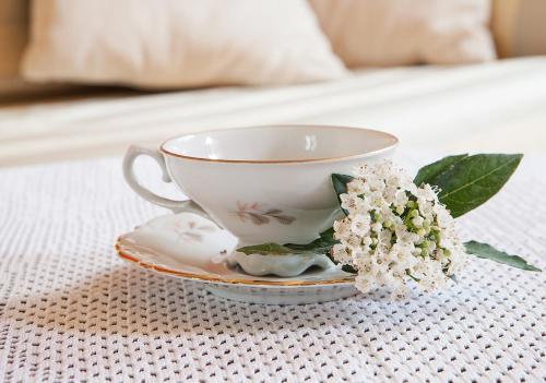 a cup and a plate with flowers on a table at Le Residenze degli Ulivi in Campofilone