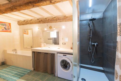 bagno con lavatrice e doccia di Maison De Vacances Avec Piscine a Gras