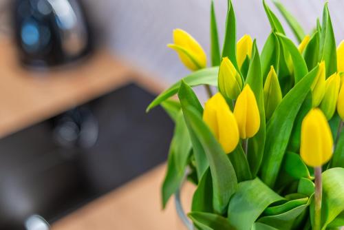 a vase filled with yellow flowers on a desk at Domki - Sosnowy Las in Pobierowo