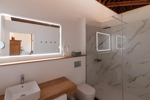 a bathroom with a sink toilet and a mirror at La Casa de La Camelia in La Laguna