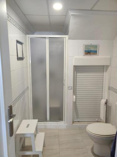 a bathroom with a toilet and a glass shower at Dúplex Buganvillas in Los Amarguillos